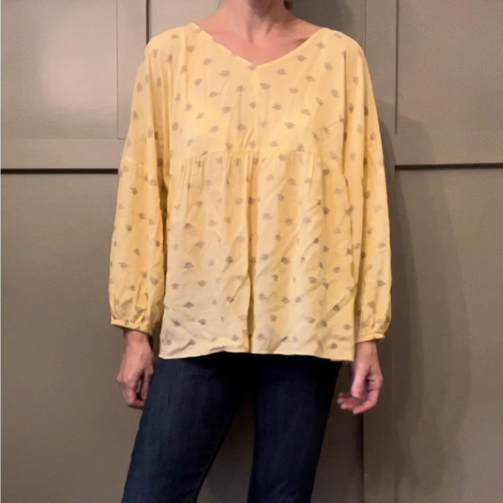 Sundance Yellow Lotus Printed Flowy Babydoll Top Blouse Long Sleeve Size Medium